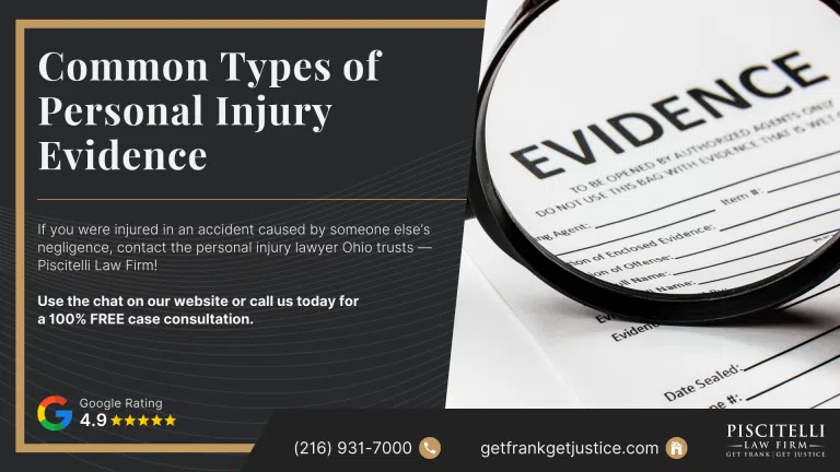 Common Types of Personal Injury Evidence Legal Guide; Common Types of Evidence for Personal Injury Claims; The Importance of Gathering Evidence for a Personal Injury Case; How a Personal Injury Lawyer Can Help You Gather Evidence and Secure Compensation; How Can Personal Injury Victims Help with Evidence in Their Case; How the Piscitelli Law Firm Has Used Compelling Evidence to Get Real Results; Were You Injured Through No Fault of Your Own in Ohio_ Contact Us