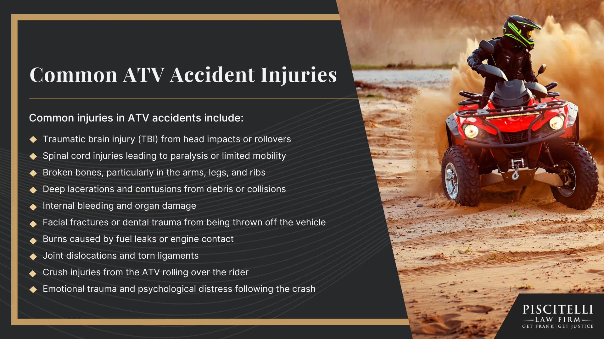 Meet Our Experienced Personal Injury Attorney_ Frank Piscitelli; What To Do After an ATV Accident in Ohio_ Steps To Take;  Gathering Evidence for an ATV Accident Claim; Damages in ATV Crash Cases; The Legal Process for ATV Accident Cases in Ohio; Common Causes of ATV Accidents, Injuries, and Deaths; Common ATV Accident Injuries