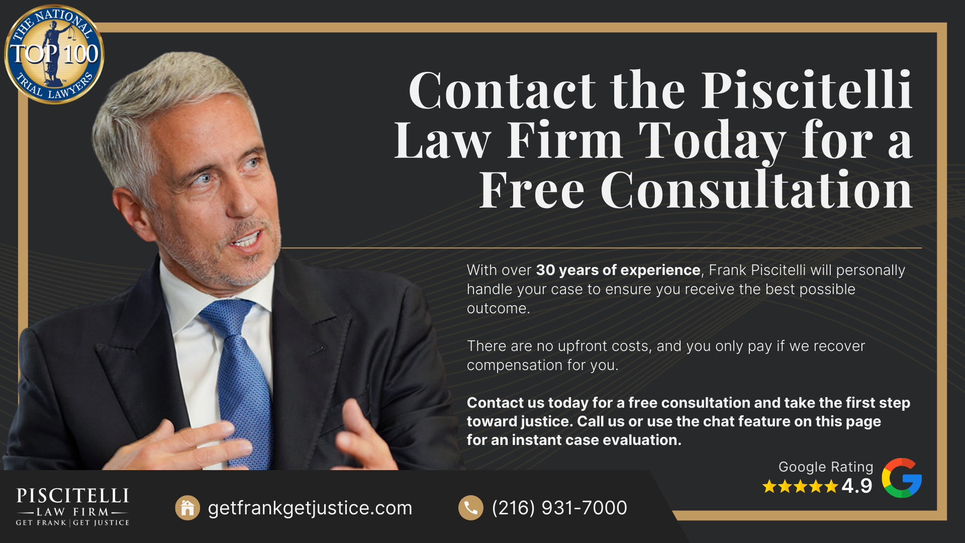 Meet Frank Piscitelli: One of the Top Cincinnati Personal Injury Attorneys; Types of Personal Injury Cases We Handle; What To Do After Suffering a Personal Injury in Cincinnati, OH; The Legal Process for Personal Injury Lawsuits in Ohio; Do You Qualify for a Personal Injury Case; Contact the Piscitelli Law Firm Today for a Free Consultation