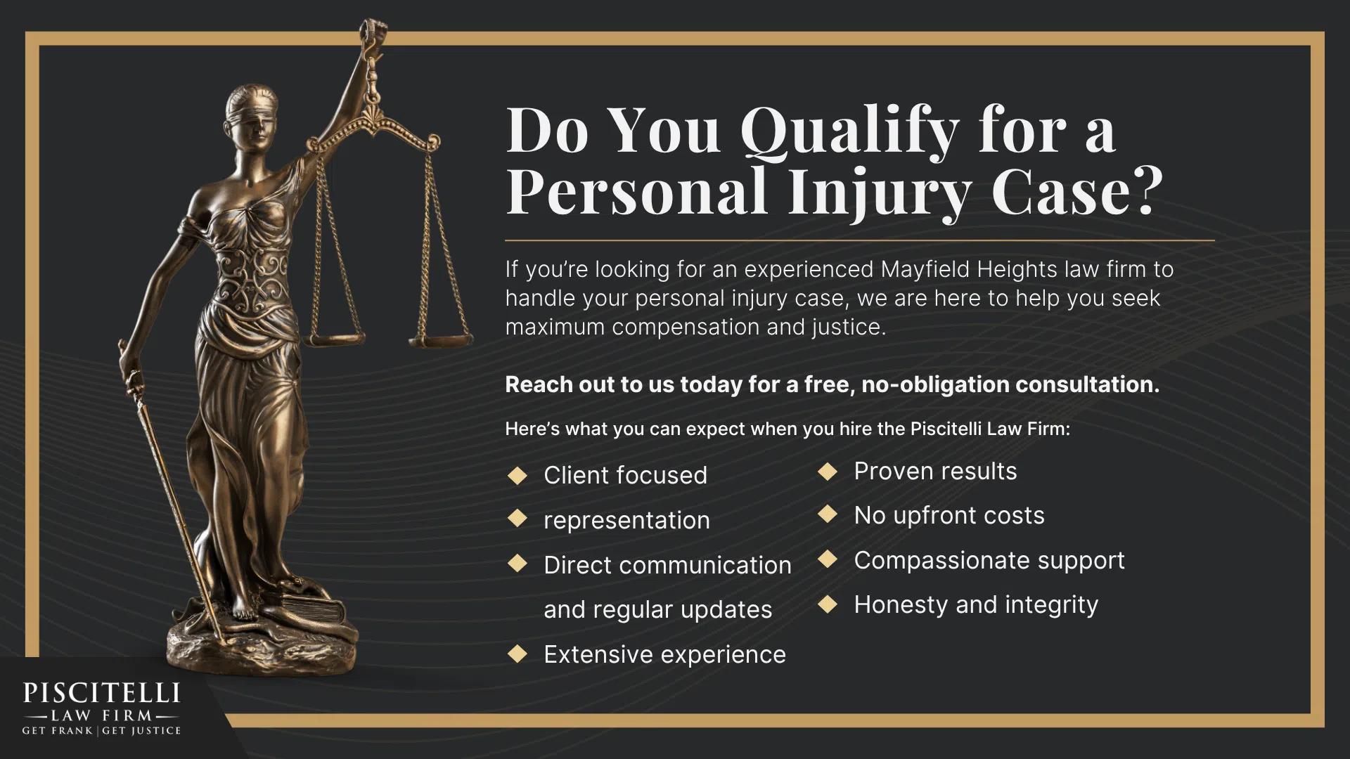 Meet Frank Piscitelli; Types of Personal Injury Cases We Handle; What To Do After Suffering a Personal Injury in Mayfield Heights, OH; Gathering Evidence for a Personal Injury Case; Common Damages in Personal Injury Claims ; The Legal Process for Personal Injury Lawsuits in Ohio; Do You Qualify for a Personal Injury Case