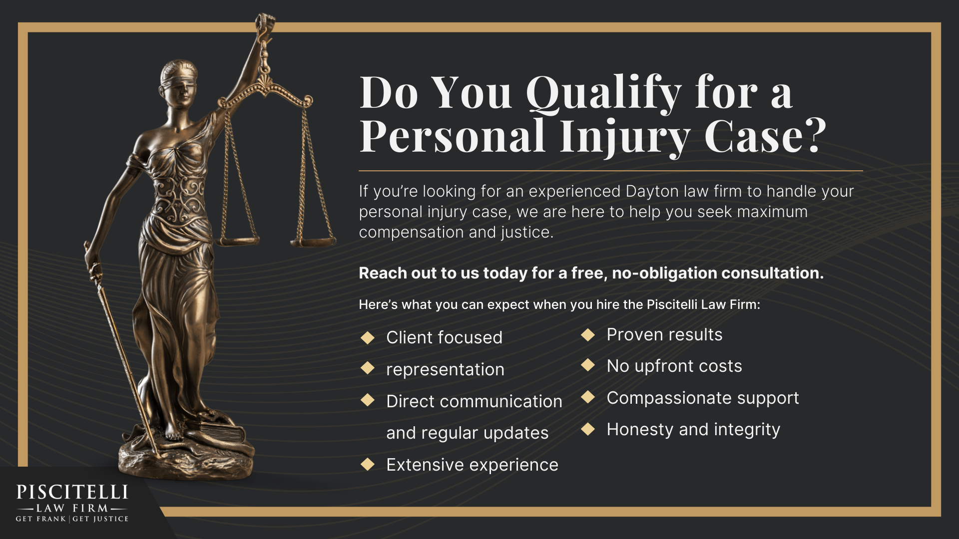 Meet Frank Piscitelli; Types of Personal Injury Cases We Handle; What To Do After Suffering a Personal Injury in Dayton, OH; Gathering Evidence for a Personal Injury Case; Common Damages in Personal Injury Claims;  The Legal Process for Personal Injury Lawsuits in Ohio; Do You Qualify for a Personal Injury Case