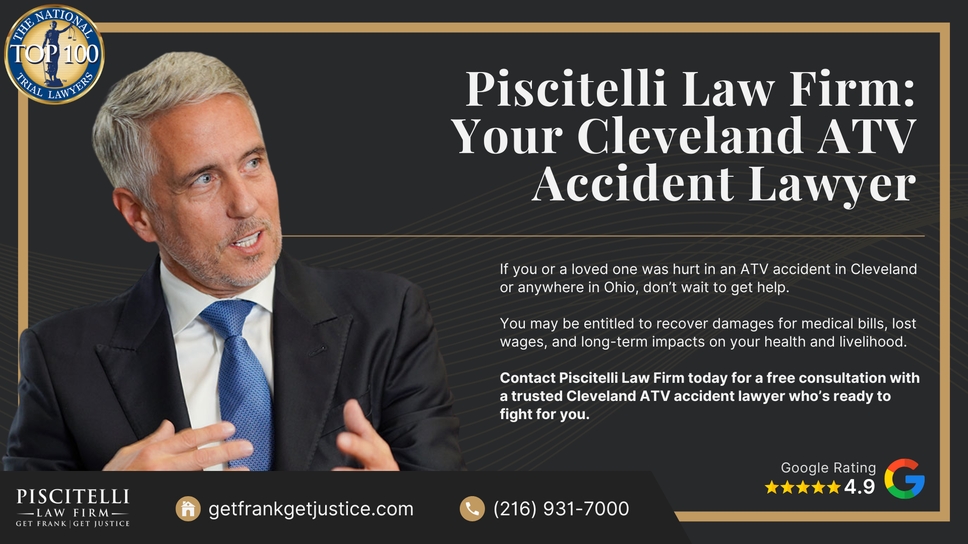 Meet Our Experienced Personal Injury Attorney_ Frank Piscitelli; What To Do After an ATV Accident in Ohio_ Steps To Take;  Gathering Evidence for an ATV Accident Claim; Damages in ATV Crash Cases; The Legal Process for ATV Accident Cases in Ohio; Common Causes of ATV Accidents, Injuries, and Deaths; Common ATV Accident Injuries; Piscitelli Law Firm_ Your Cleveland ATV Accident Lawyer