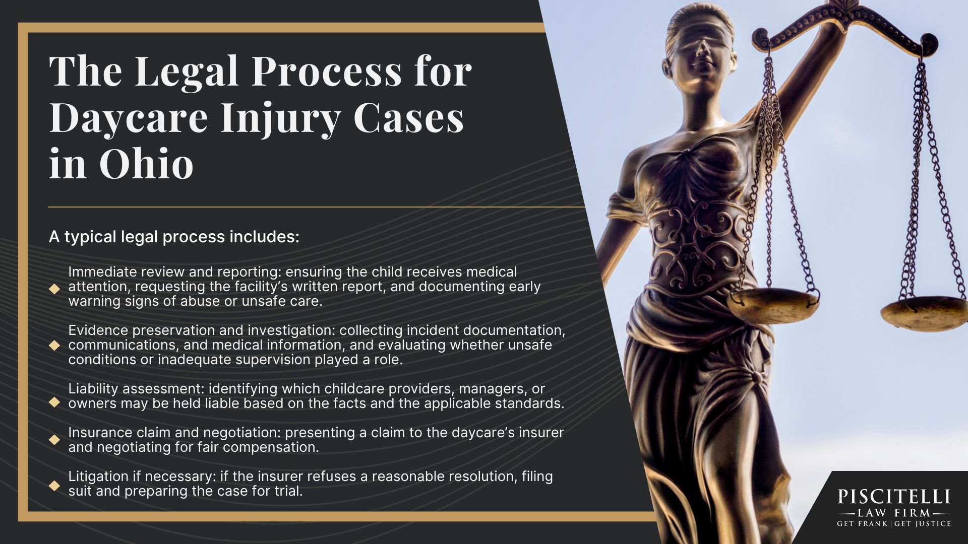 The Piscitelli Law Firm: Your Cleveland Daycare Injury Lawyer; Do You Have a Daycare Injury Case; Who Can Be Held Liable in a Daycare Injury Case; What To Do After a Daycare Injury in Cleveland, OH; Gather Evidence for Your Daycare Injury Claim; Common Damages in Daycare Injury Claims; The Legal Process for Daycare Injury Cases in Ohio