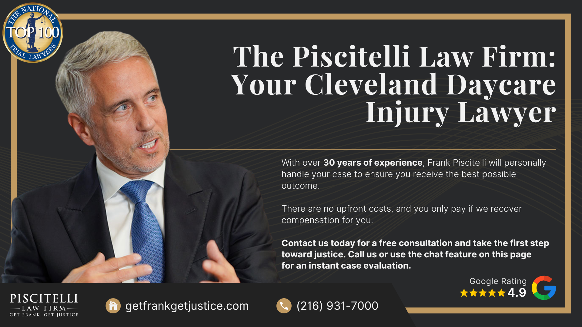 The Piscitelli Law Firm: Your Cleveland Daycare Injury Lawyer; Do You Have a Daycare Injury Case; Who Can Be Held Liable in a Daycare Injury Case; What To Do After a Daycare Injury in Cleveland, OH; Gather Evidence for Your Daycare Injury Claim; Common Damages in Daycare Injury Claims; The Legal Process for Daycare Injury Cases in Ohio; Common Causes of Daycare Injuries; Common Daycare Injuries; Why Daycare Injury Victims Trust Frank Piscitelli; The Piscitelli Law Firm_ Your Cleveland Daycare Injury Lawyer