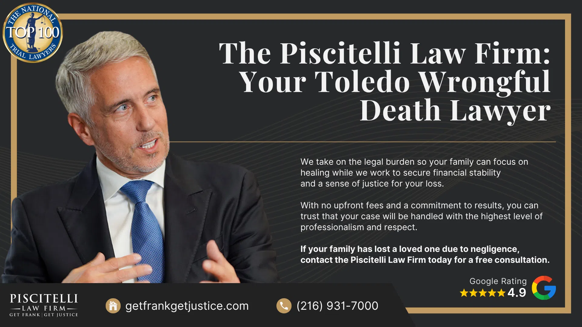 Meet Our Founder and Experienced Wrongful Death Attorney_ Frank Piscitelli; Who Can File a Wrongful Death Claim in Ohio; Actionable Steps to Take After a Wrongful Death in Ohio; Gathering Evidence for a Wrongful Death Lawsuit; Damages in Wrongful Death Cases;  Do You Qualify for a Toledo Wrongful Death Case; The Piscitelli Law Firm_ Your Toledo Wrongful Death Lawyer