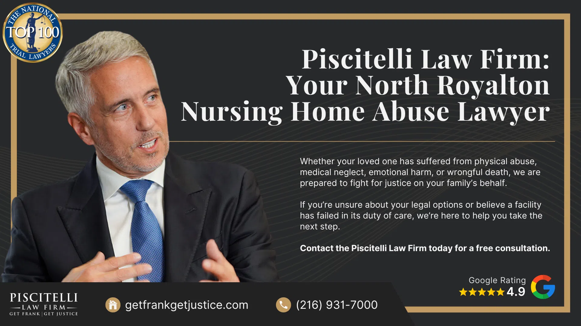 Meet Our Experienced Nursing Home Abuse Attorney_ Frank Piscitelli; What To Do If You Suspect Nursing Home Abuse or Neglect in Ohio; Gathering Evidence for a Nursing Home Abuse Lawsuit; Damages in Nursing Home Neglect and Abuse Cases; The Legal Process for Nursing Home Abuse Cases in Ohio Explained; Types of Nursing Home Abuse; Piscitelli Law Firm_ Your North Royalton Nursing Home Abuse Lawyer