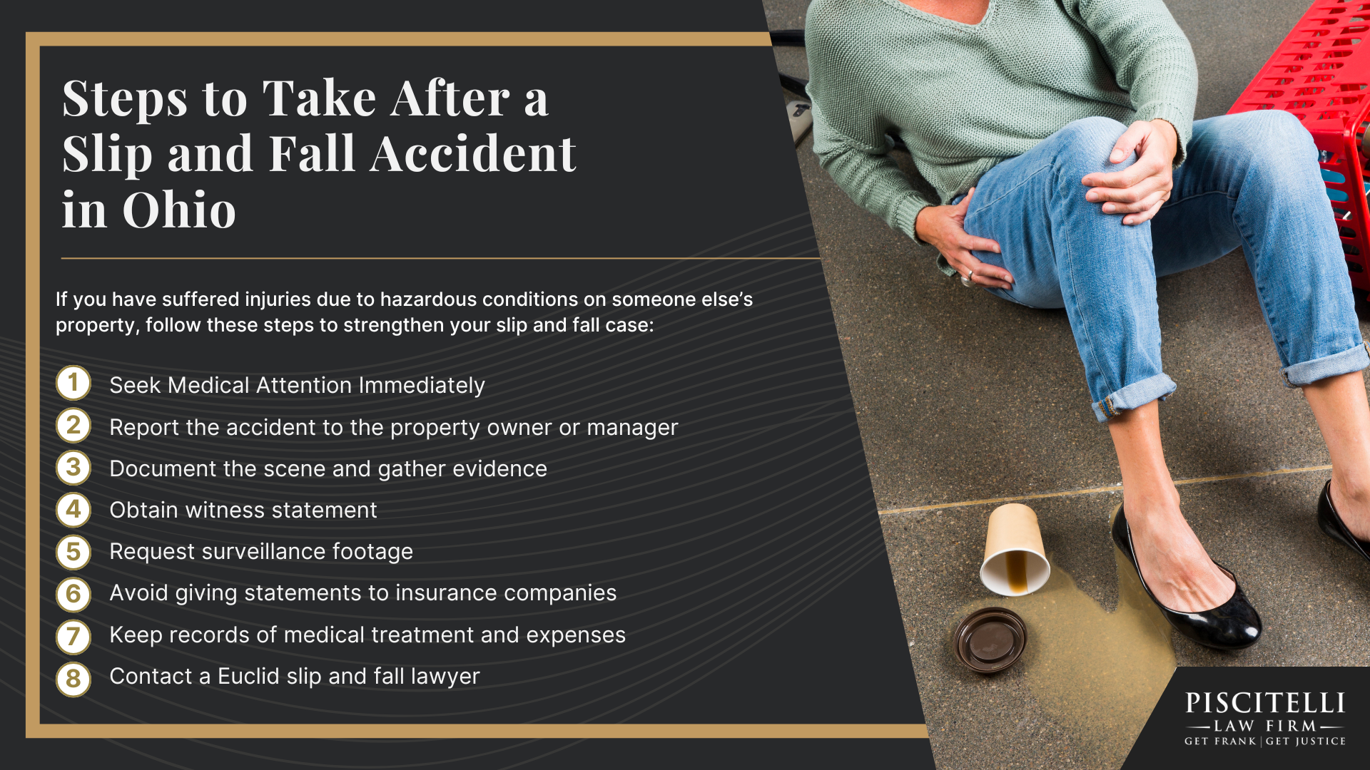 Meet Our Founder and Experienced Slip and Fall Attorney_ Frank Piscitelli; The Legal Process for Slip and Fall Claims in Ohio Explained; Gathering Evidence for a Slip and Fall Claim; Damages in a Slip and Fall Case; How to Prove Negligence in a Slip and Fall Case; Steps to Take After a Slip and Fall Accident in Ohio