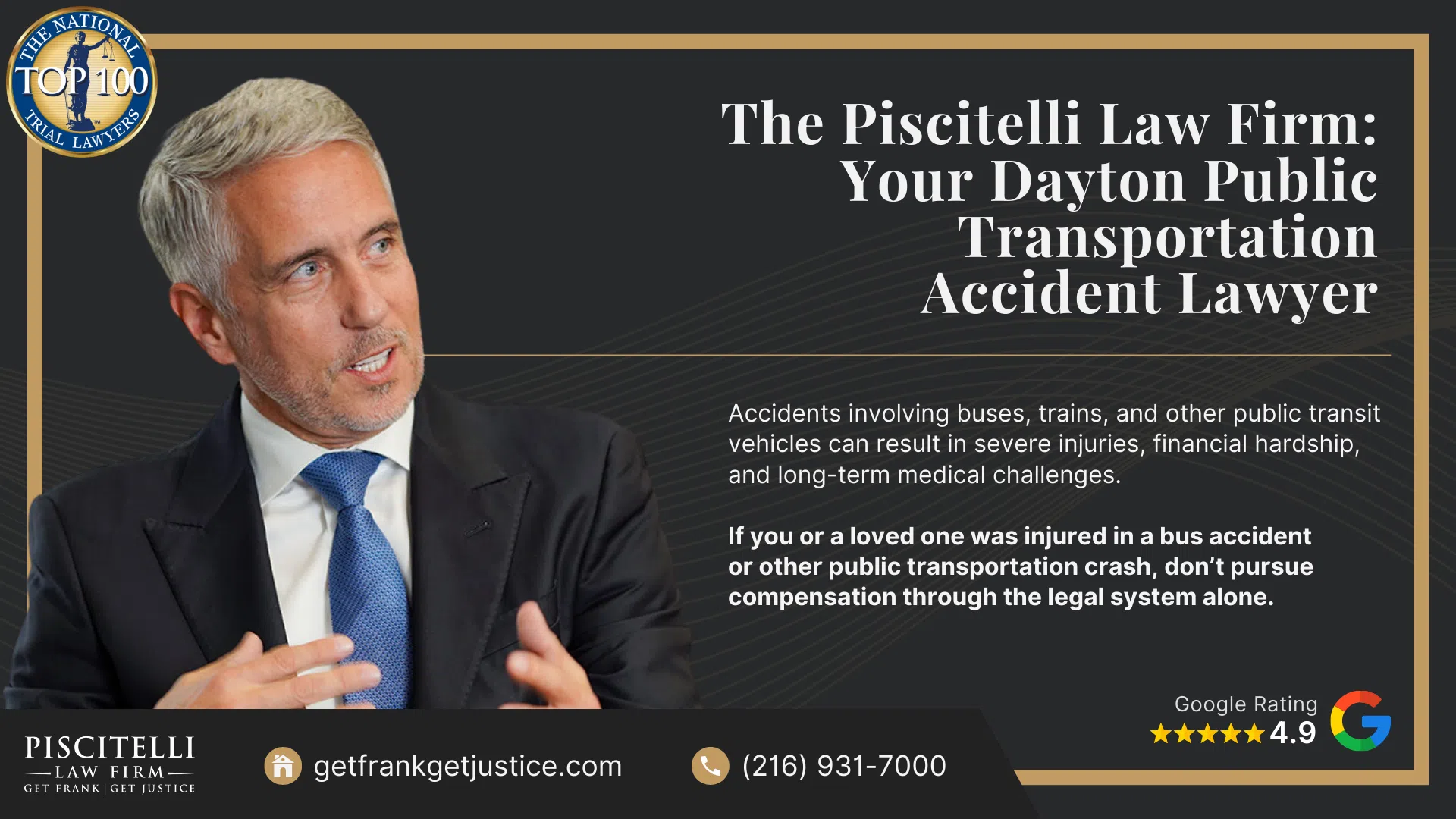Frank Piscitelli_ One of Columbus' Top Public Transportation and Bus Accident Lawyers; What to Do After a Public Transportation Accident in Dayton, OH; Gather Evidence for a Public Transportation Injury Claim; Damages in a Public Transportation Accident Claim; Types of Public Transportation Accidents; Common Causes of Public Transportation Accidents; Public Transportation Options in Dayton, Ohio; The Piscitelli Law Firm_ Your Dayton Public Transportation Accident Lawyer