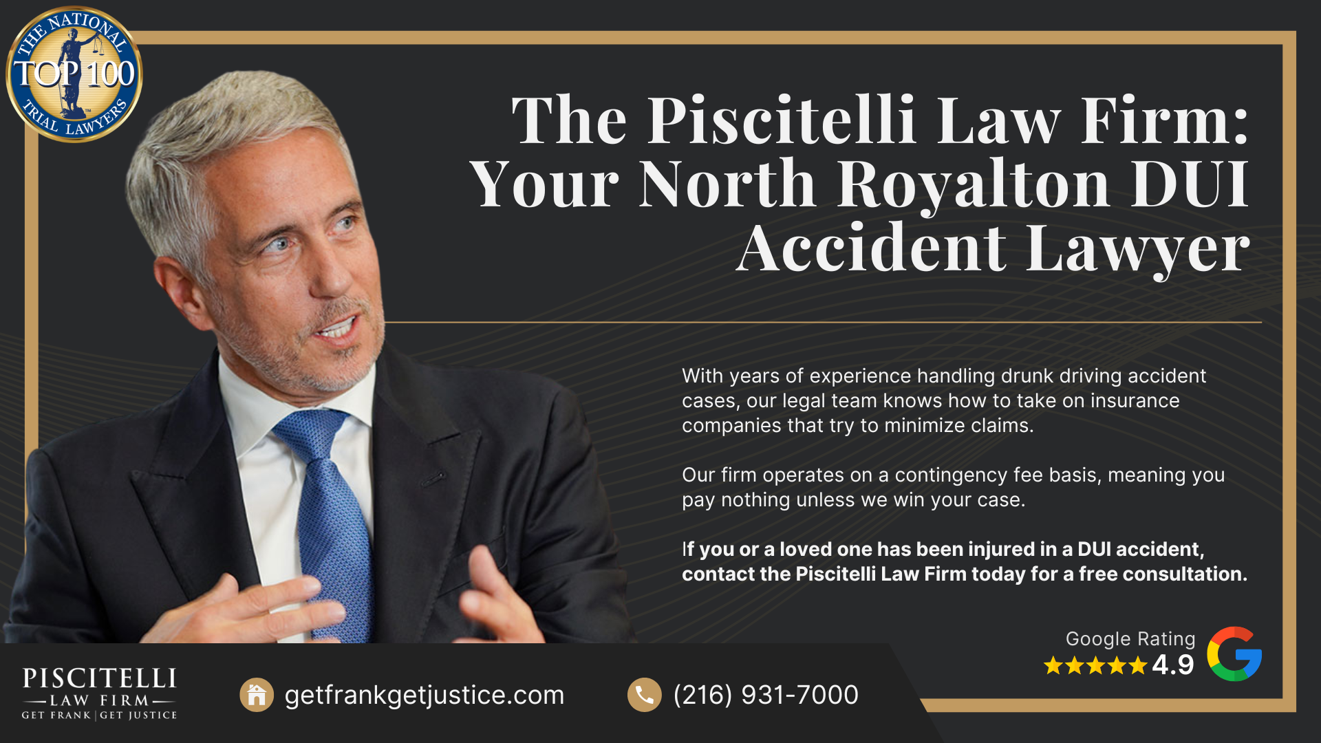 Frank Piscitelli_ One of North Royalton's Top Drunk Driving Accident Attorneys; What To Do After a Drunk Driving Accident in North Royalton, OH; Gathering Evidence for a DUI Accident Claim; Damages in a Personal Injury Lawsuit for a Drunk Driving Accident; The Legal Process for Drunk Driving Accidents in Ohio; Do You Qualify for a Drunk Driving Accident Case; The Piscitelli Law Firm_ Your North Royalton DUI Accident Lawyer