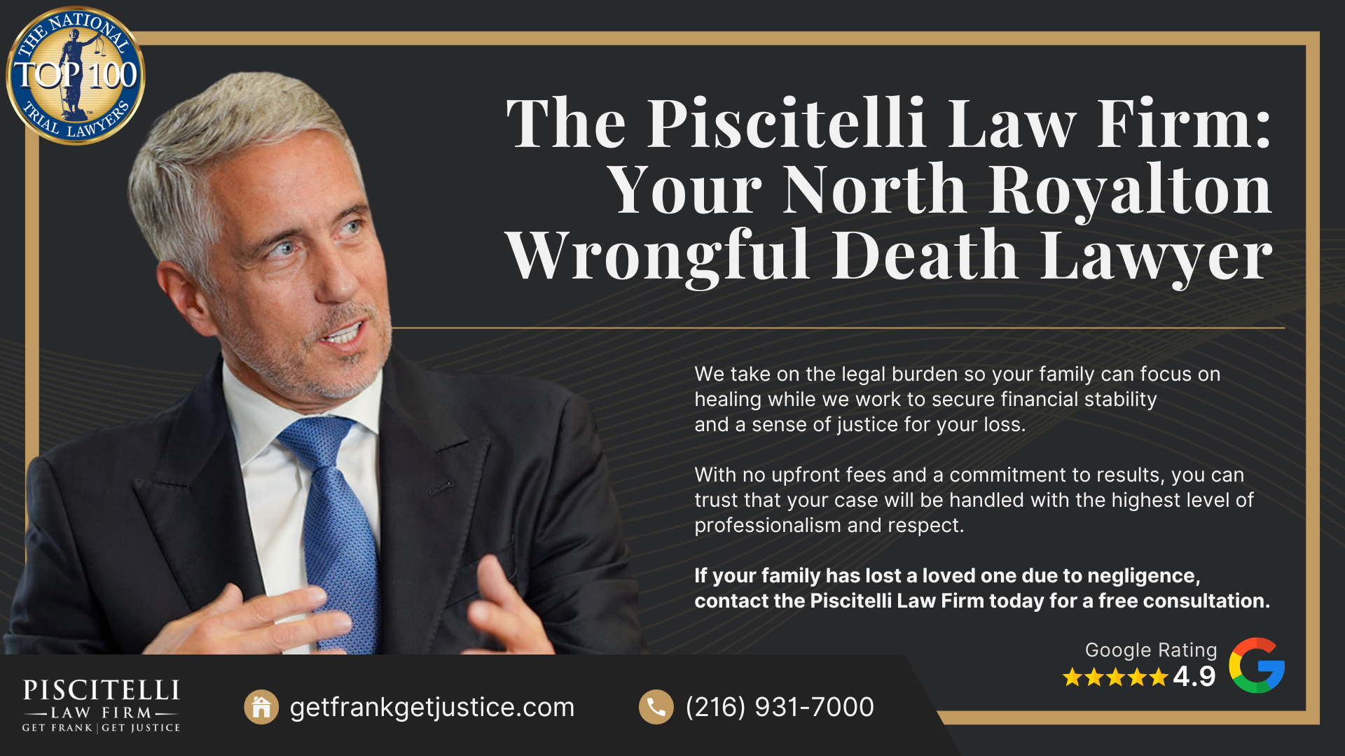 Meet Our Founder and Experienced Wrongful Death Attorney_ Frank Piscitelli; The Legal Process for a Wrongful Death Lawsuit in Ohio Explained; Who Can File a Wrongful Death Claim in Ohio; Actionable Steps to Take After a Wrongful Death in Ohio; Gathering Evidence for a Wrongful Death Lawsuit; Damages in Wrongful Death Cases; Do You Qualify for an North Royalton Wrongful Death Case; The Piscitelli Law Firm_ Your North Royalton Wrongful Death Lawyer
