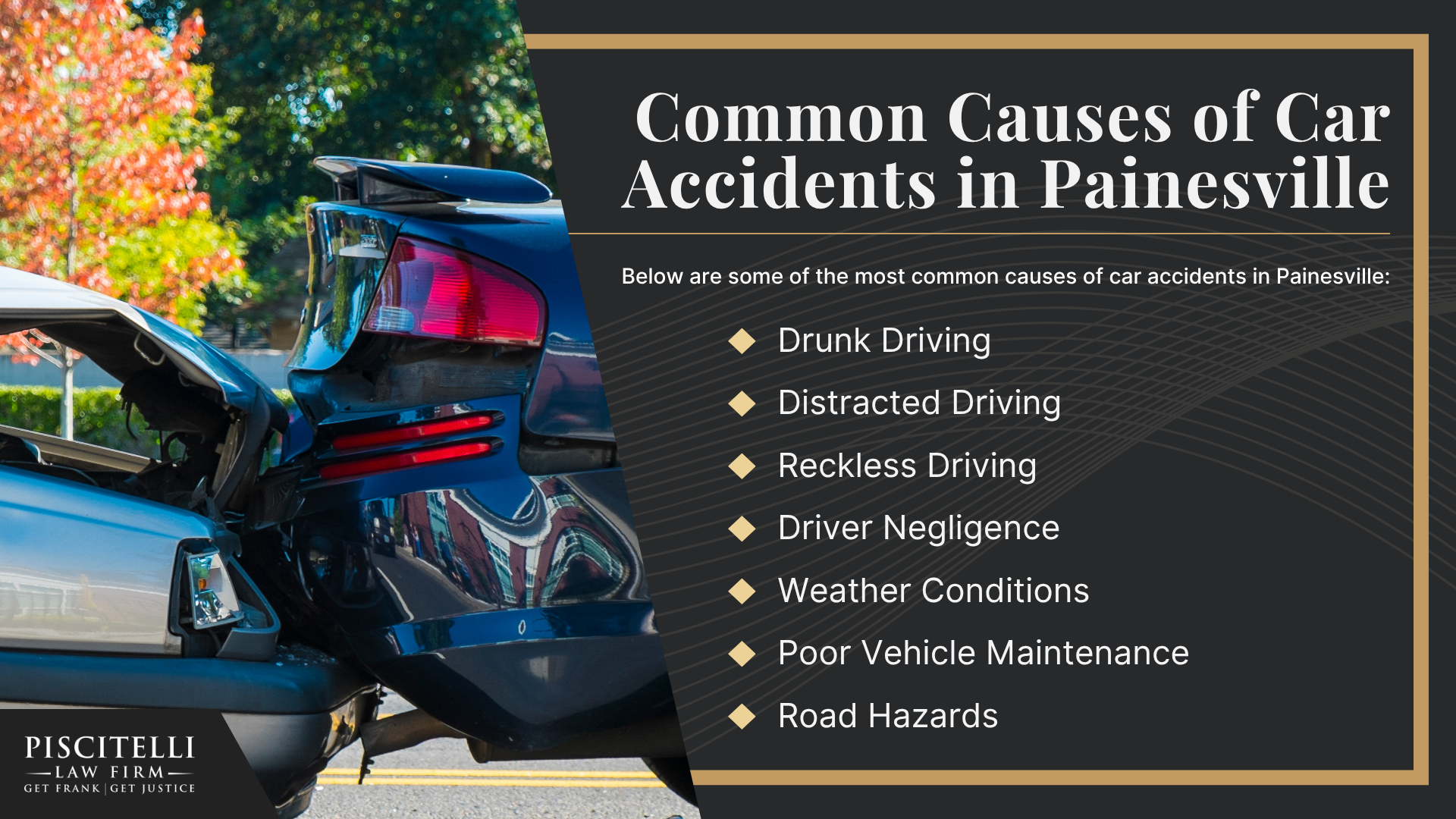 Meet Our Founder and Experienced Car Accident Attorney_ Frank Piscitelli; The Legal Process for Car Accident Claims in Ohio Explained; Gathering Evidence for a Car Accident Claim; Damages in Car Accident Cases Explained; Common Car Accident Injuries; Common Causes of Car Accidents in Painesville