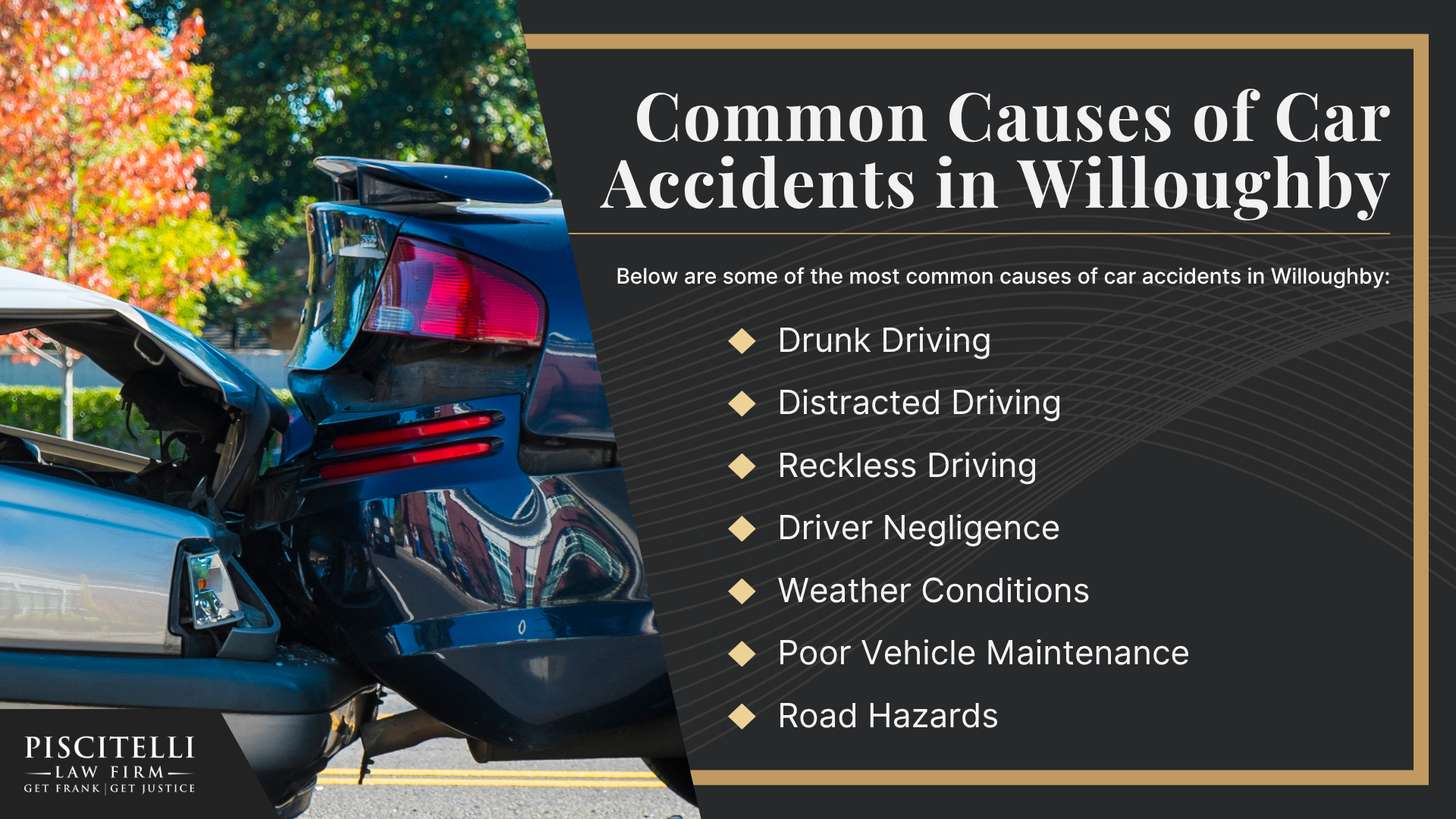 Meet Our Founder and Experienced Car Accident Attorney_ Frank Piscitelli; The Legal Process for Car Accident Claims in Ohio Explained; Gathering Evidence for a Car Accident Claim; Damages in Car Accident Cases Explained; Common Car Accident Injuries; Common Causes of Car Accidents in Willoughby