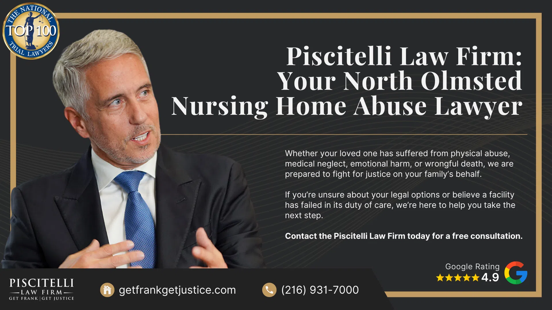 Meet Our Experienced Nursing Home Abuse Attorney_ Frank Piscitelli; What To Do If You Suspect Nursing Home Abuse or Neglect in Ohio; Gathering Evidence for a Nursing Home Abuse Lawsuit; Damages in Nursing Home Neglect and Abuse Cases; The Legal Process for Nursing Home Abuse Cases in Ohio Explained; Types of Nursing Home Abuse; Piscitelli Law Firm_ Your North Olmsted Nursing Home Abuse Lawyer