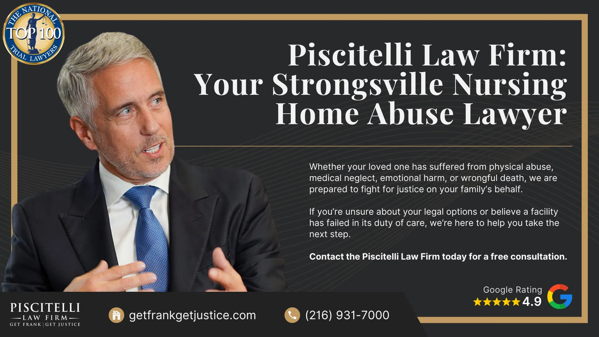 Meet Our Experienced Nursing Home Abuse Attorney_ Frank Piscitelli; What To Do If You Suspect Nursing Home Abuse or Neglect in Ohio; Gathering Evidence for a Nursing Home Abuse Lawsuit; Damages in Nursing Home Neglect and Abuse Cases; The Legal Process for Nursing Home Abuse Cases in Ohio Explained; Types of Nursing Home Abuse; Piscitelli Law Firm_ Your Strongsville Nursing Home Abuse Lawyer