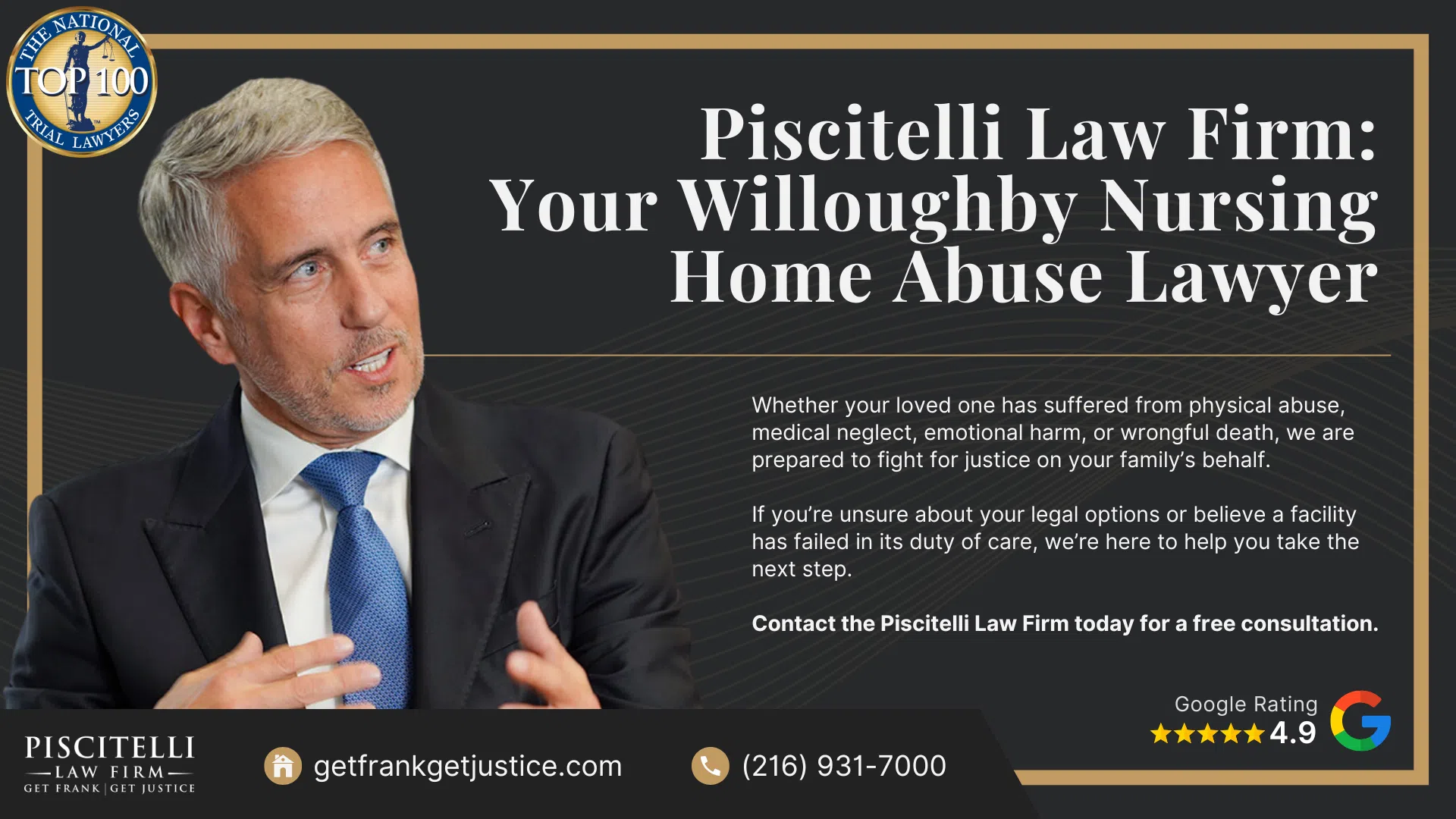 Meet Our Experienced Nursing Home Abuse Attorney_ Frank Piscitelli; What To Do If You Suspect Nursing Home Abuse or Neglect in Ohio; Gathering Evidence for a Nursing Home Abuse Lawsuit; Damages in Nursing Home Neglect and Abuse Cases; The Legal Process for Nursing Home Abuse Cases in Ohio Explained; Types of Nursing Home Abuse; Piscitelli Law Firm_ Your Willoughby Nursing Home Abuse Lawyer