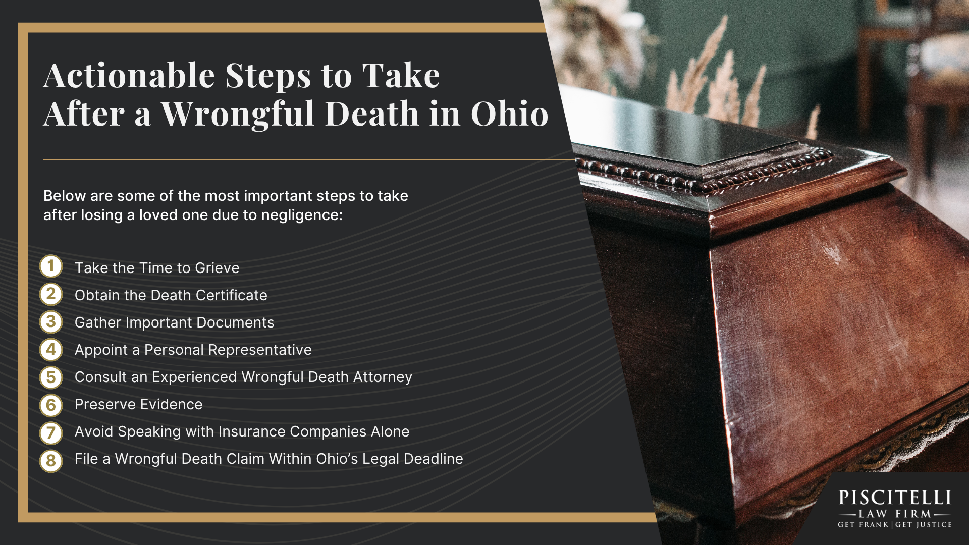 Meet Our Founder and Experienced Wrongful Death Attorney_ Frank Piscitelli; The Legal Process for a Wrongful Death Lawsuit in Ohio Explained; Who Can File a Wrongful Death Claim in Ohio; Actionable Steps to Take After a Wrongful Death in Ohio