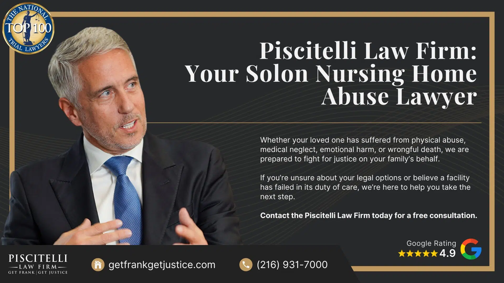 Meet Our Experienced Nursing Home Abuse Attorney_ Frank Piscitelli; What To Do If You Suspect Nursing Home Abuse or Neglect in Ohio; Gathering Evidence for a Nursing Home Abuse Lawsuit; Damages in Nursing Home Neglect and Abuse Cases; The Legal Process for Nursing Home Abuse Cases in Ohio Explained; Types of Nursing Home Abuse; Piscitelli Law Firm_ Your Solon Nursing Home Abuse Lawyer