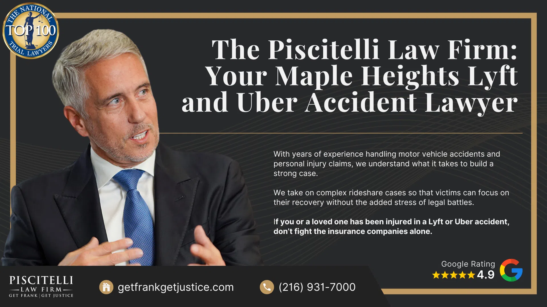 Frank Piscitelli_ One of Maple Heights' Top Uber & Lyft Accident Attorneys; What to Do After a Car Accident Involving Lyft or Uber Vehicle in Maple Heights, OH; Gathering Evidence for Rideshare Accident Cases; Damages in a Rideshare Accident Claim; The Legal Process for Rideshare Accident Cases in Ohio; Do You Qualify for a Rideshare Accident Claim; The Piscitelli Law Firm_ Your Maple Heights Lyft and Uber Accident Lawyer