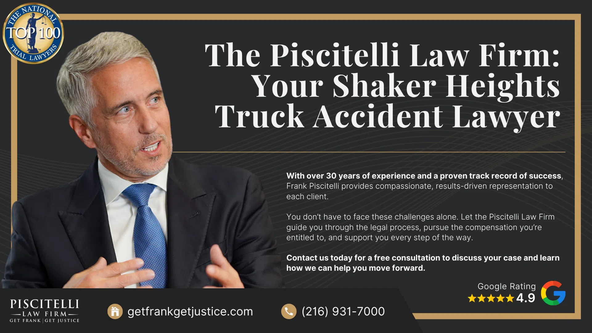 Meet Frank Piscitelli_ One of Shaker Heights' Top Truck Accident Attorneys; What To Do After a Truck Accident in Shaker Heights, OH; Gather Evidence for Your Truck Accident Claim; Common Damages in Truck Accident Claims; Who Can Be Held Liable in a Truck Accident Case; The Legal Process for Truck Accident Cases in Ohio; Common Causes of Truck Accidents; Common Truck Accident Injuries; The Piscitelli Law Firm_ Your Shaker Heights Truck Accident Lawyer