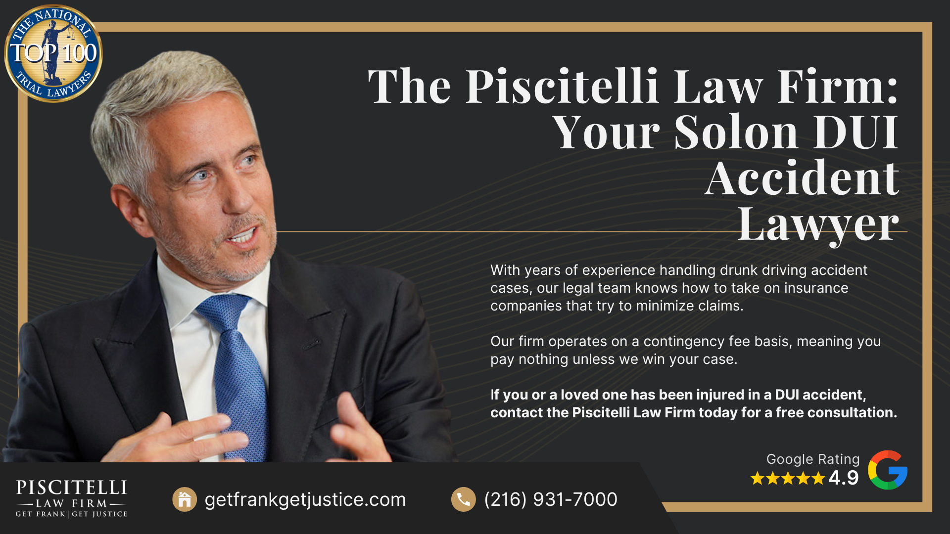 Frank Piscitelli_ One of Solon's Top Drunk Driving Accident Attorneys; What To Do After a Drunk Driving Accident inSolon, OH; Gathering Evidence for a DUI Accident Claim; Damages in a Personal Injury Lawsuit for a Drunk Driving Accident; The Legal Process for Drunk Driving Accidents in Ohio; Do You Qualify for a Drunk Driving Accident Case; The Piscitelli Law Firm_ Your Solon DUI Accident Lawyer