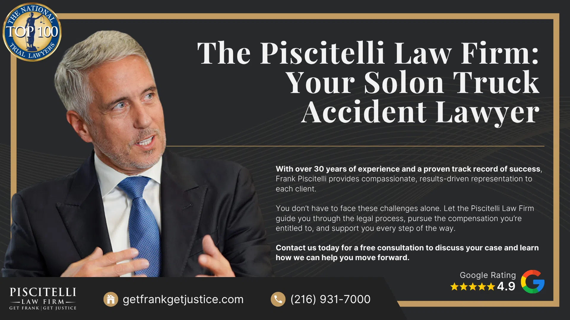 Meet Frank Piscitelli_ One of Solon' Top Truck Accident Attorneys; What To Do After a Truck Accident in Solon, OH; Gather Evidence for Your Truck Accident Claim; Common Damages in Truck Accident Claims; Who Can Be Held Liable in a Truck Accident Case; The Legal Process for Truck Accident Cases in Ohio; Common Causes of Truck Accidents; Common Truck Accident Injuries; The Piscitelli Law Firm_ Your Solon Truck Accident Lawyer
