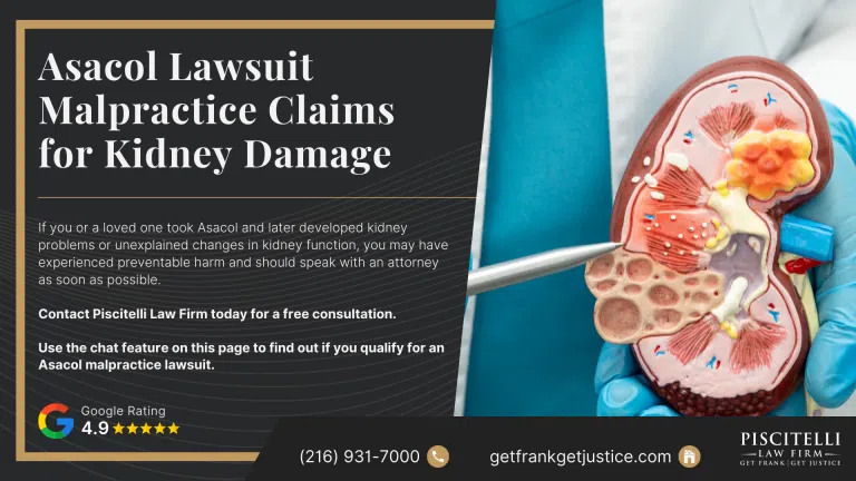 Asacol Lawsuit Malpractice Claims for Kidney Damage; Asacol (Mesalamine) Linked to Kidney Damage and Renal Failure; Types of Kidney Injury Linked to Asacol_Mesalamine; The Piscitelli Law Firm Has Secured Major Results for Victims of Asacol Malpractice; Asacol Medical Malpractice Lawsuit_ Do You Qualify; Gathering Evidence for an Asacol Medical Malpractice Claim; Possible Damages in Asacol Malpractice Cases; Piscitelli Law Firm_ Contact an Asacol Malpractice Lawyer Today