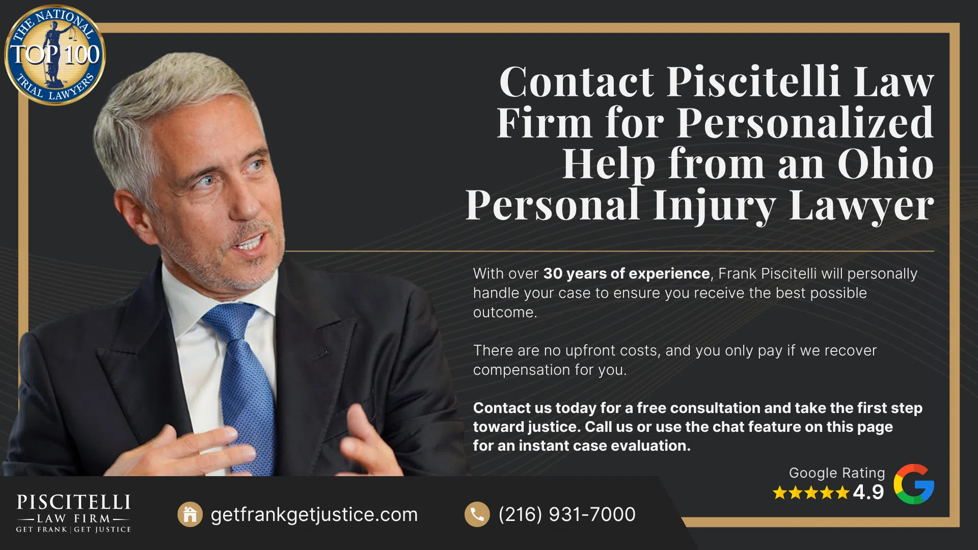 Frank Piscitelli_ Experienced Ohio Personal Injury Lawyer; What To Do After Suffering a Personal Injury in Cleveland, OH; Types of Personal Injury Cases We Handle; The Legal Process for Personal Injury Lawsuits in Ohio; Gathering Evidence for a Personal Injury Case; Potential Compensation in a Personal Injury Case; Contact Piscitelli Law Firm for Personalized Help from an Ohio Personal Injury Lawyer
