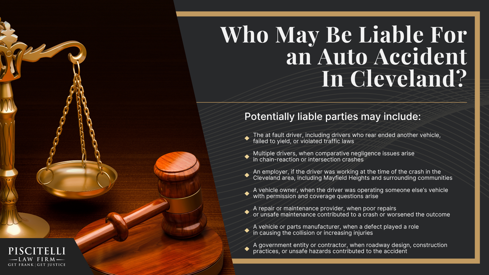 Why Hire A Cleveland Auto Accident Lawyer; What To Do After An Auto Accident In Cleveland; Common Causes of Auto Accidents in Cleveland; Types of Auto Accidents We Handle; Injuries Common in Cleveland Auto Accidents; Who May Be Liable For an Auto Accident In Cleveland