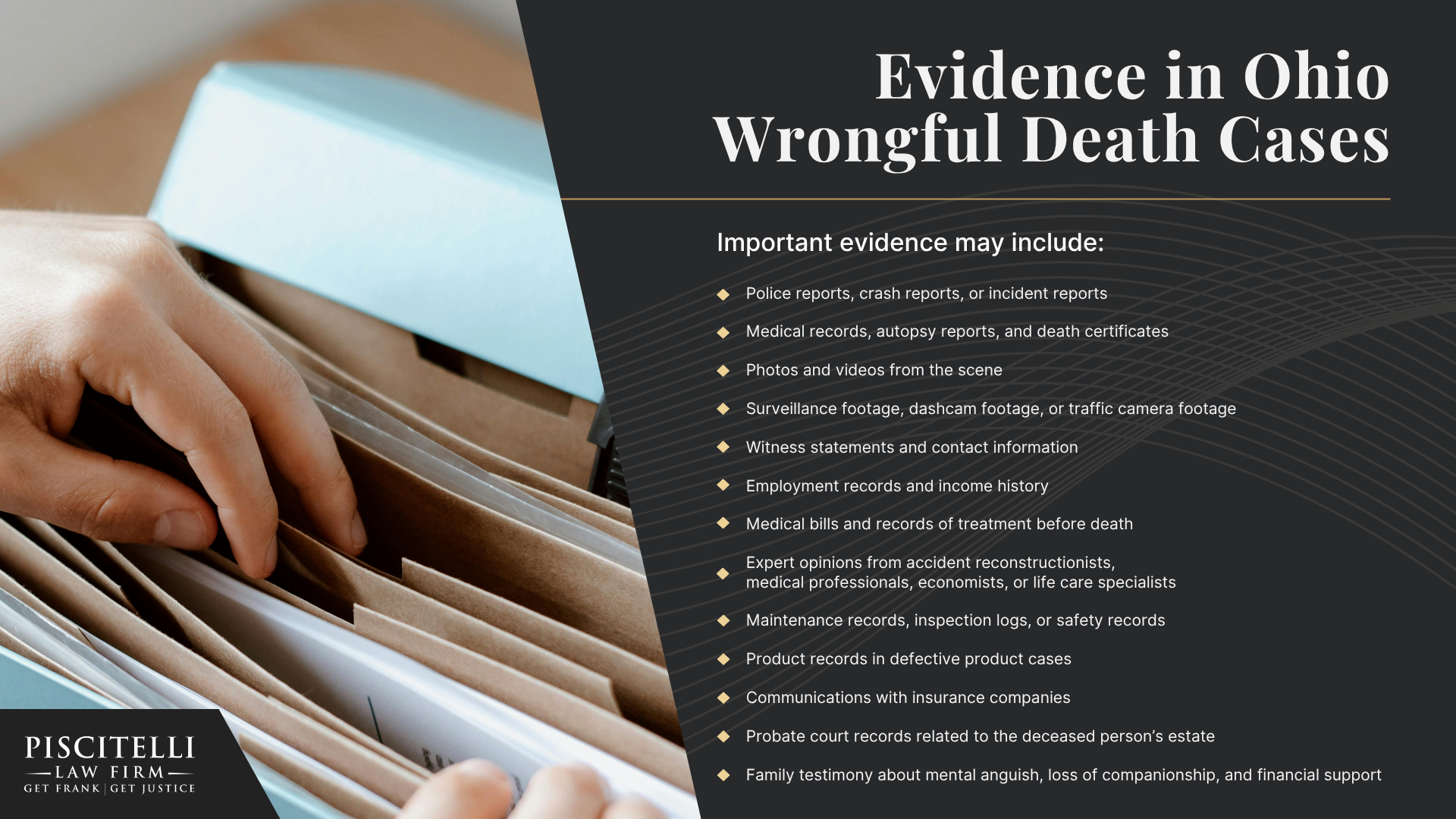 What Is a Wrongful Death Claim in Ohio; Common Causes of Wrongful Death Cases in Ohio; Who Can Be Held Liable for a Wrongful Death in Ohio; Who Can File a Wrongful Death Lawsuit in Ohio; Compensation Available in an Ohio Wrongful Death Claim; How Wrongful Death Damages Are Calculated; Evidence in Ohio Wrongful Death Cases