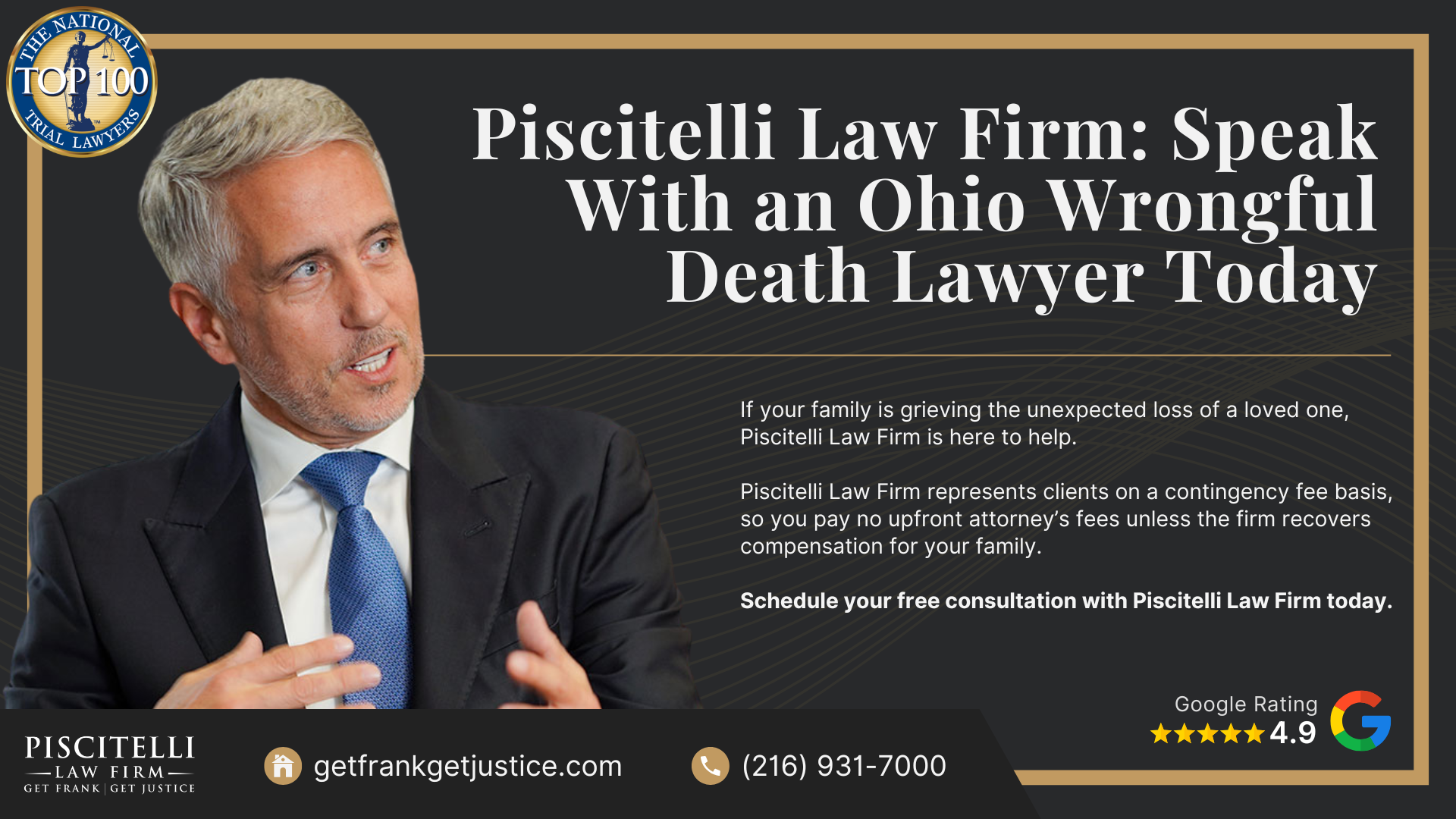 What Is a Wrongful Death Claim in Ohio; Common Causes of Wrongful Death Cases in Ohio; Who Can Be Held Liable for a Wrongful Death in Ohio; Who Can File a Wrongful Death Lawsuit in Ohio; Compensation Available in an Ohio Wrongful Death Claim; How Wrongful Death Damages Are Calculated; Evidence in Ohio Wrongful Death Cases; Building an Ohio Wrongful Death Case; What to Do After a Wrongful Death in Ohio; How Ohio Law Affects Wrongful Death Claims; Piscitelli Law Firm_ Speak With an Ohio Wrongful Death Lawyer Today