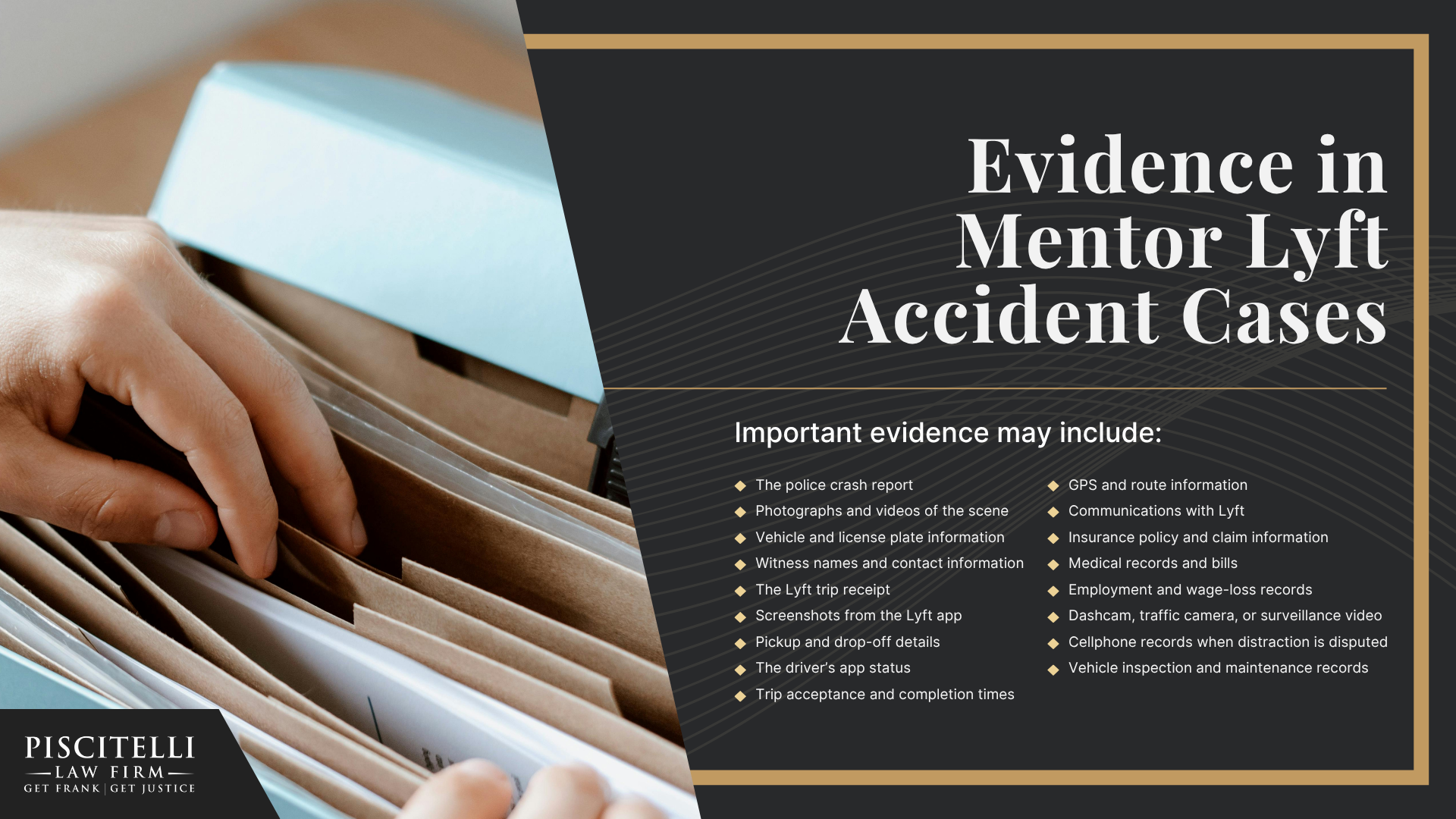Lyft Accidents in Mentor Can Create Complicated Injury Claims; How Lyft Insurance Works After a Mentor Accident; Common Causes of Lyft Accidents in Mentor; Common Injuries After a Lyft Accident; Who Can Be Held Liable for a Lyft Accident in Mentor; Evidence in Mentor Lyft Accident Cases