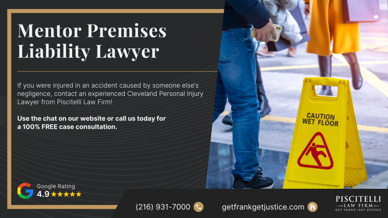 Mentor Premises Liability Lawyer; What Is Premises Liability Law in Ohio; Premises Liability Is About Unsafe Property Conditions; Common Types of Premises Liability Cases in Mentor; Who May Be Liable in a Mentor Premises Liability Case; Common Injuries Caused by Unsafe Property Conditions; Common Injuries Caused by Unsafe Property Conditions; What To Do After Being Injured on Someone Else’s Property; Evidence That Can Help Support a Premises Liability Claim; Compensation Available in a Mentor Premises Liability Case; Piscitelli Law Firm_ Talk to a Mentor Premises Liability Lawyer Today