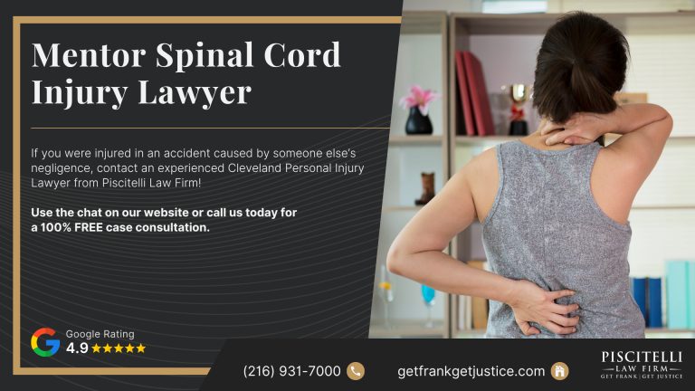 Mentor Spinal Cord Injury Lawyer; What is a Spinal Cord Injury; Types of Spinal Cord Injuries; Common Causes of Spinal Cord Injuries in Mentor; Complications and Difficulties of Spinal Cord Injuries; Do You Qualify for a Spinal Cord Injury Lawsuit; Who May Be Liable for a Spinal Cord Injury in Mentor; How To Prove Negligence in a Spinal Cord Injury Case; Evidence That Can Help Support a Spinal Cord Injury Claim; Compensation Available in a Mentor Spinal Cord Injury Case; Piscitelli Law Firm_ Talk to a Mentor Spinal Cord Injury Lawyer Today
