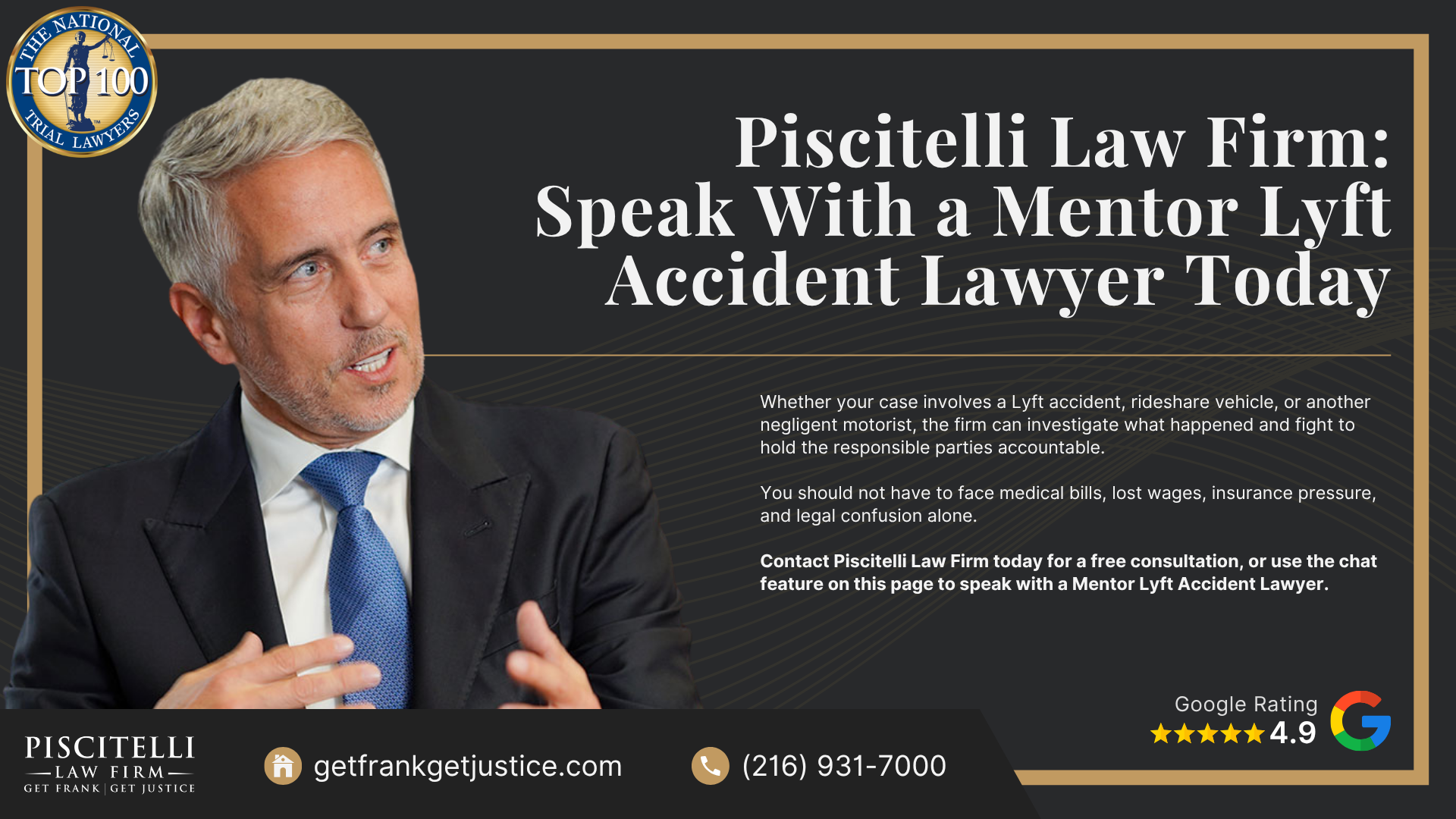 Lyft Accidents in Mentor Can Create Complicated Injury Claims; How Lyft Insurance Works After a Mentor Accident; Common Causes of Lyft Accidents in Mentor; Common Injuries After a Lyft Accident; Who Can Be Held Liable for a Lyft Accident in Mentor; Evidence in Mentor Lyft Accident Cases; How We Can Assist After a Lyft Accident; What to Do After a Lyft Accident in Mentor; How Ohio Law Affects Lyft Accident Claims; Do You Qualify for a Mentor Lyft Accident Lawsuit; Damages in Lyft Accident Cases; Piscitelli Law Firm_ Speak With a Mentor Lyft Accident Lawyer Today