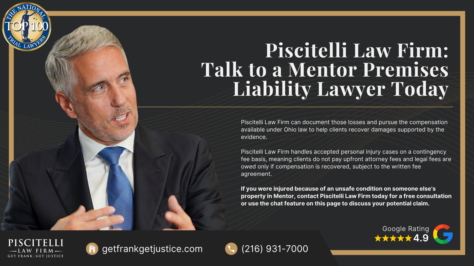 What Is Premises Liability Law in Ohio; Premises Liability Is About Unsafe Property Conditions; Common Types of Premises Liability Cases in Mentor; Who May Be Liable in a Mentor Premises Liability Case; Common Injuries Caused by Unsafe Property Conditions; Common Injuries Caused by Unsafe Property Conditions; What To Do After Being Injured on Someone Else’s Property; Evidence That Can Help Support a Premises Liability Claim; Compensation Available in a Mentor Premises Liability Case; Piscitelli Law Firm_ Talk to a Mentor Premises Liability Lawyer Today