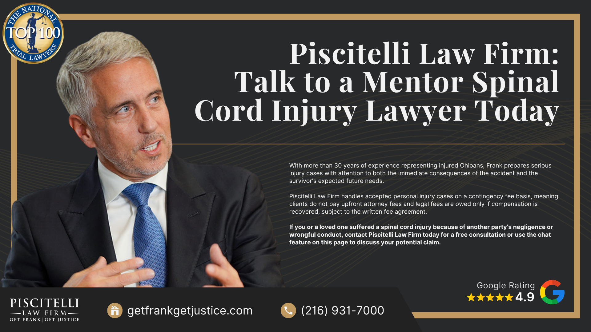 What is a Spinal Cord Injury; Types of Spinal Cord Injuries; Common Causes of Spinal Cord Injuries in Mentor; Complications and Difficulties of Spinal Cord Injuries; Do You Qualify for a Spinal Cord Injury Lawsuit; Who May Be Liable for a Spinal Cord Injury in Mentor; How To Prove Negligence in a Spinal Cord Injury Case; Evidence That Can Help Support a Spinal Cord Injury Claim; Compensation Available in a Mentor Spinal Cord Injury Case; Piscitelli Law Firm_ Talk to a Mentor Spinal Cord Injury Lawyer Today