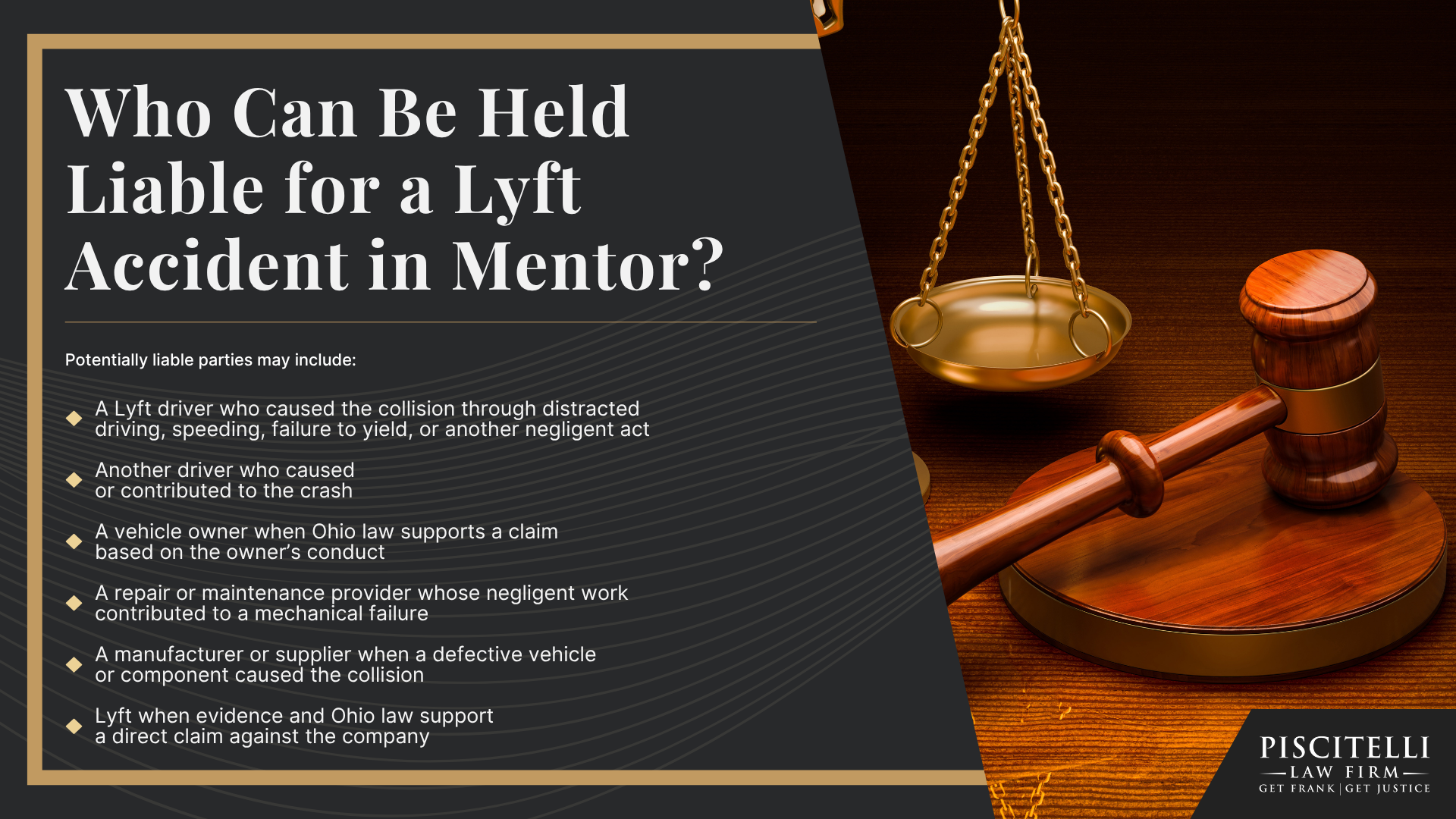 Lyft Accidents in Mentor Can Create Complicated Injury Claims; How Lyft Insurance Works After a Mentor Accident; Common Causes of Lyft Accidents in Mentor; Common Injuries After a Lyft Accident; Who Can Be Held Liable for a Lyft Accident in Mentor
